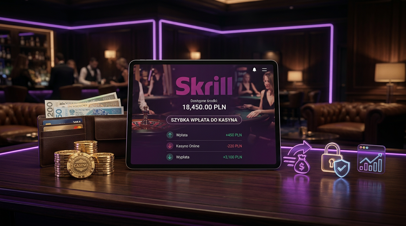 Tablet z logiem Skrill, żetony kasynowe i ikony bezpieczeństwa finansowego na eleganckim tle.