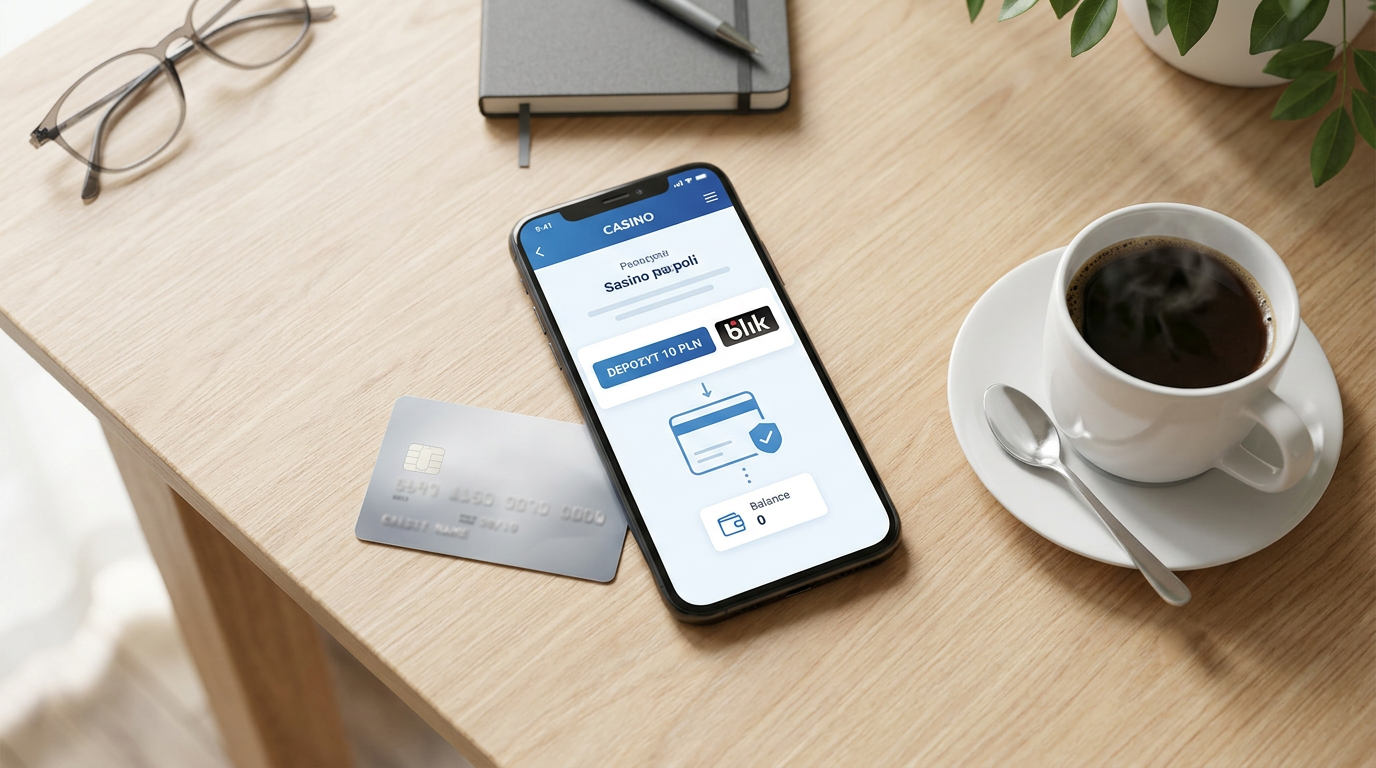Smartfon z aplikacją kasyna i logiem BLIK na jasnym biurku.