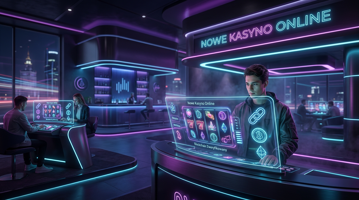 Futurystyczna wizja kasyna online 2026 z neonowymi elementami technologii blockchain